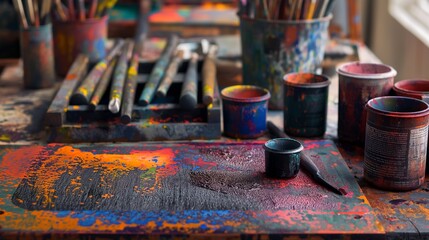 An artist's desk filled with colorful inks, brayers, and a partially inked block, with a focus on the textures and details of the printmaking process. 32k, full ultra hd, high resolution -