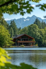 Obraz premium Cozy wooden cabin nestled by a serene lake, surrounded by lush green forest and majestic mountains, creating a perfect retreat in nature.