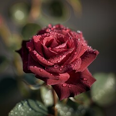 A macro shot of a rose flower: dew drops on the petals, morning light