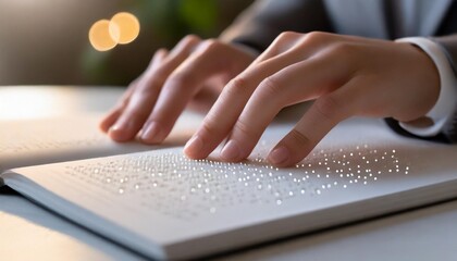 Hands gently reading braille text with glowing highlights to emphasize touch and understanding