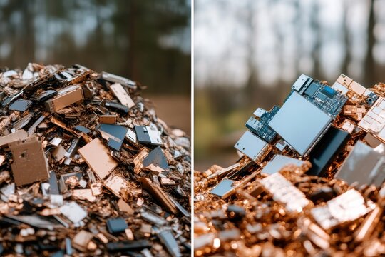 An intricate close-up image featuring piles of electronic waste, showcasing the complexity of discarded technology and its impact on modern society and the environment.
