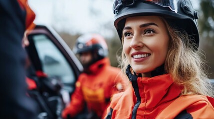 Brightly Smiling Female Rescuer in Safety Gear Engaging with Team During Outdoor Emergency Response Training in Nature Setting
