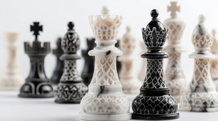 A row of chess pieces, including a king and a queen