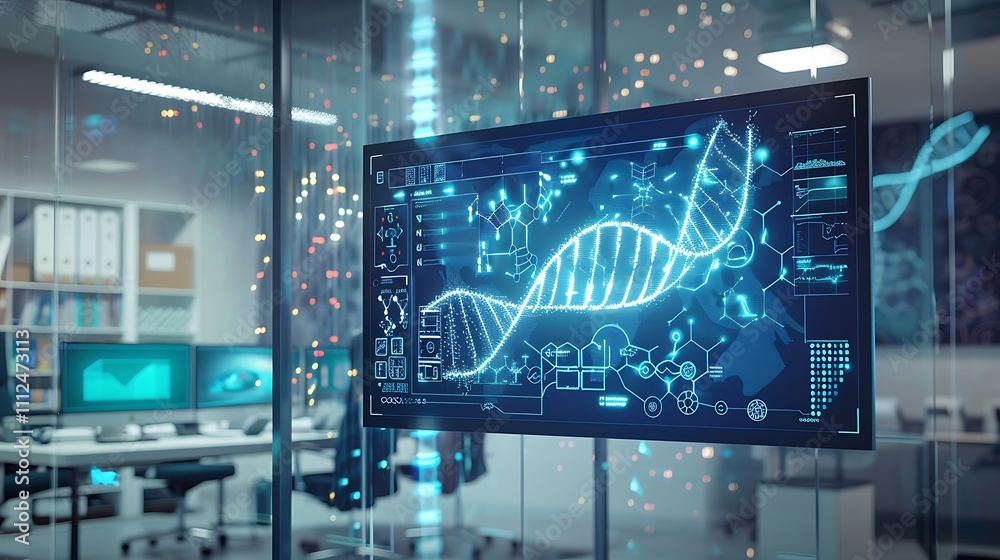 Poster a modern office with a digital whiteboard displaying an intricate dna structure and neuron interacti