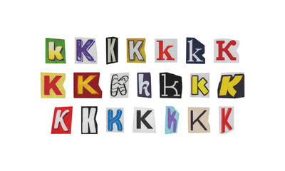 Set of cut-out letter &ldquo;K&rdquo; from magazines on a transparent background, retro y2k ransom font style
