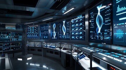 Naklejka premium A modern research facility with multiple digital displays, each showing different sections of a DNA sequence