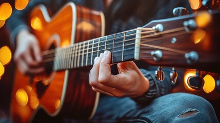 Fototapeta premium A close-up of a person playing an acoustic guitar, surrounded by soft, glowing lights.
