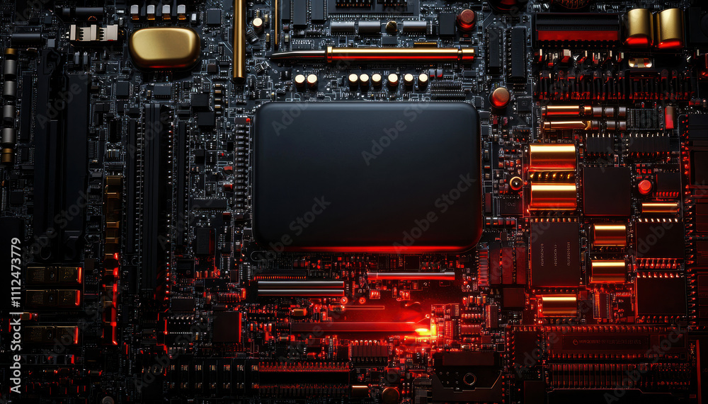 Poster Close-up of a circuit board with intricate details and glowing elements, showcasing technology and innovation.