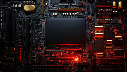 Fototapeta premium Close-up of a circuit board with intricate details and glowing elements, showcasing technology and innovation.