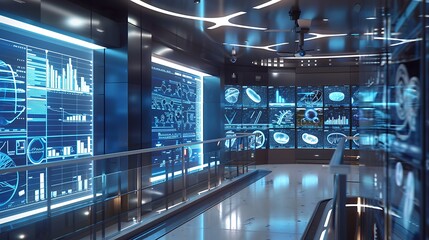 Fototapeta premium A modern research facility with multiple digital displays, each showing different sections of a DNA sequence