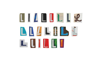 Set of cut-out letter “L” from magazines on a transparent background, retro y2k ransom font style