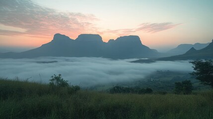 Fototapeta premium A serene landscape at dawn with mountains and mist covering the valley below.