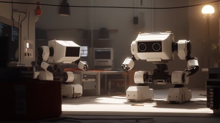 Innovative Robotics Lab with Two Humanoid Robots Engaged in Collaborative Tasks, Showcasing Advanced Technology and Modern Workspace Aesthetics