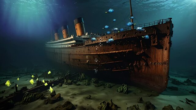 An abandoned cruise ship at the bottom of the sea. Seamless 4K looping timelapse video animation background