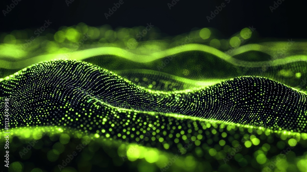 Poster streaming green binary code patterns in a virtual reality digital art environment