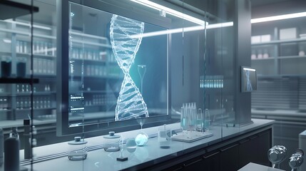 Fototapeta premium A modern conference room with a large screen showing a detailed neural activity chart and DNA sequencing animation