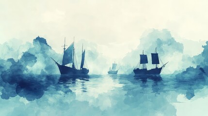 Obraz premium A calm sea scene with watercolor waves, with pixelated ships floating on the water's surface for a unique digital touch