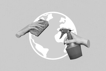 Creative 3d photo collage artwork graphics painting of arm wiping mini miniature world isolated drawing background