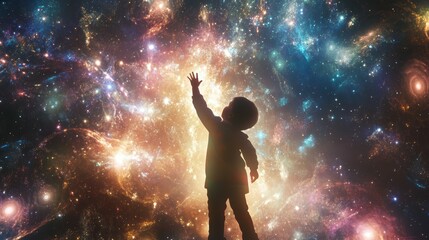Naklejka premium Child grasping glittering fractals in a dreamlike cosmic space