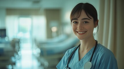 A woman in a blue scrubs is smiling and posing for a picture