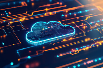 futuristic cloud symbol with glowing circuits and digital elements, representing technology and data storage. vibrant colors create dynamic atmosphere