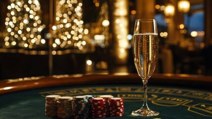 A glamorous scene featuring a glass of champagne and poker chips on a casino table with festive lights.