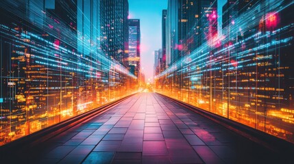 Fototapeta premium A futuristic cityscape with vibrant lights and a pathway leading into a glowing horizon.