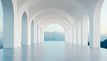 Obraz premium Elegant white arches in a spacious hallway overlooking serene mountain views, bathed in soft natural light, create a calming ambiance.