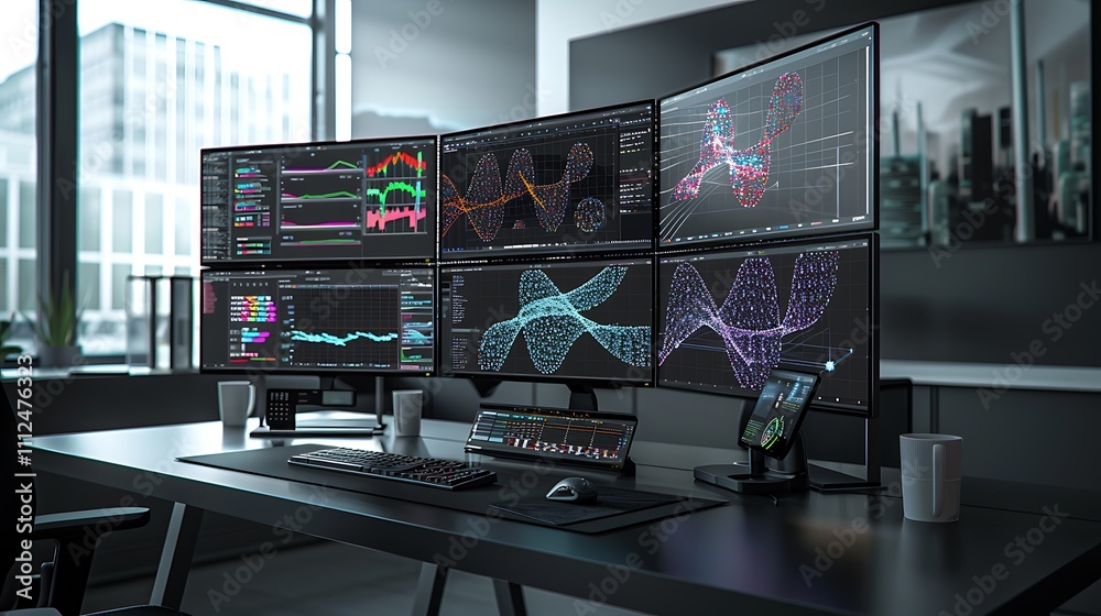 Poster a modern workspace with multiple monitors displaying different angles of a 3d dna model and neural n