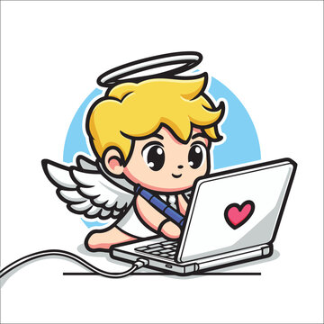 Cute cartoon character of cupid is working on his laptop