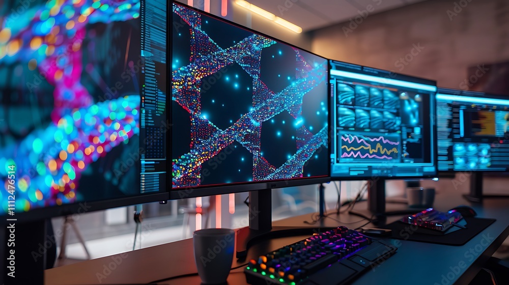 Poster a modern workspace with multiple monitors displaying different angles of a 3d dna model and neural n