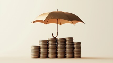 Umbrella Over Stacked Coins Representing Financial Security