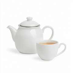 White teapot and cup with tea on a clean white background.