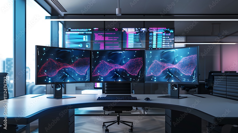 Poster a modern workspace with multiple monitors displaying different angles of a 3d dna model and neural n
