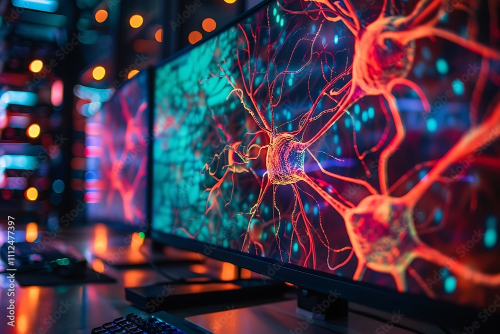 Poster a sleek computer screen showing a detailed 3d model of neurons with synapses highlighted in vibrant 