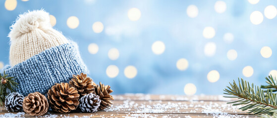 Winter hat with pinecones and snow on wooden table, festive background