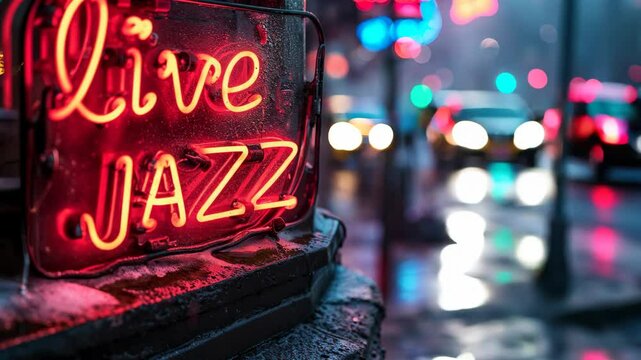 Live Jazz neon light sign glowing, live music night club 