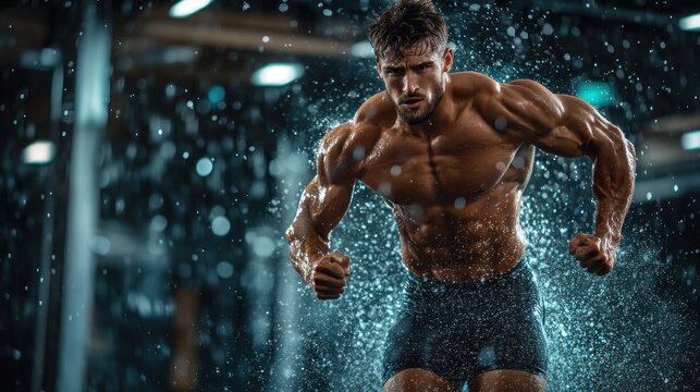 A muscular man poses in a gym, water splashing around him, showcasing strength and fitness.