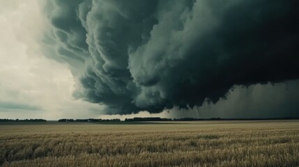 Dramatic Dark Storm Clouds Rolling Over a Golden Wheat Field Under a Brooding Sky with Approaching Rainfall in a Rural Landscape