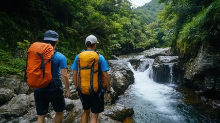 Adventurers Explore Scenic River Trail Surrounded by Lush Greenery in a Magnificent Natural Landscape