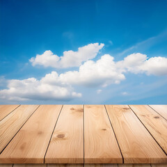 wooden floor and blue sky with clouds