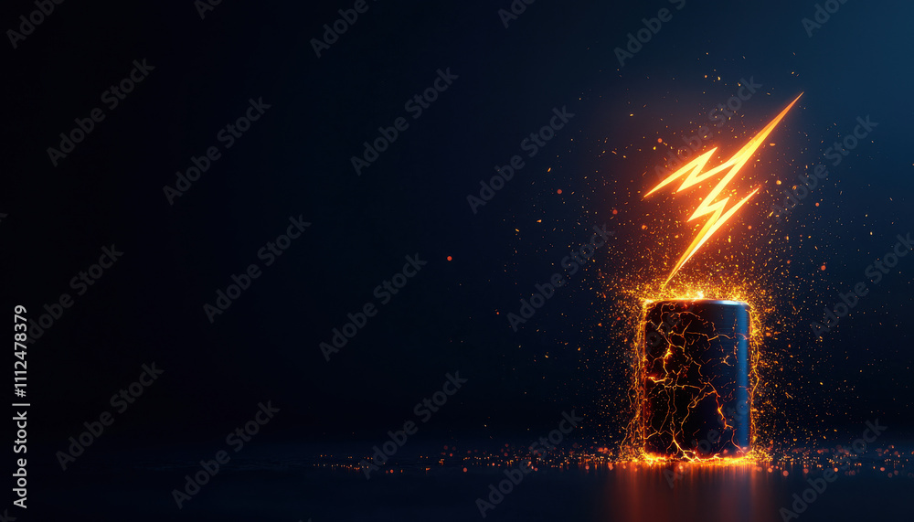 Poster a glowing lightning bolt emerges from a cylindrical object, surrounded by sparkling particles agains