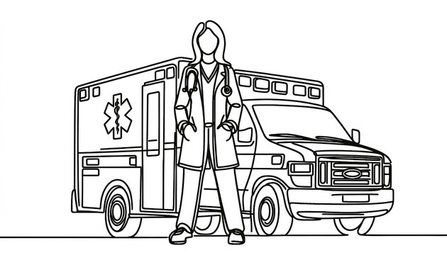 black and white doctor standing by ambulance clip art preview