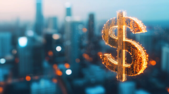 Glowing dollar symbol over blurred urban skyline, representing finance and investment opportunities in modern cities.