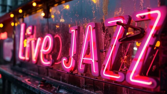 Live Jazz neon light sign glowing, live music night club 
