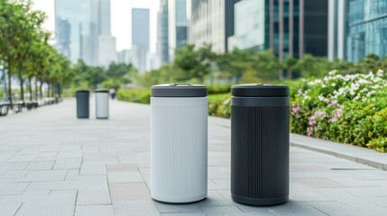 battery replacement recycling. Urban scene featuring modern trash bins in black and white, surrounded by greenery and city buildings, highlighting cleanliness and design.