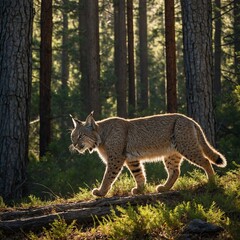 Obraz premium A lynx walking through a snowy mountain landscape, with jagged peaks and clear skies in the distance. 