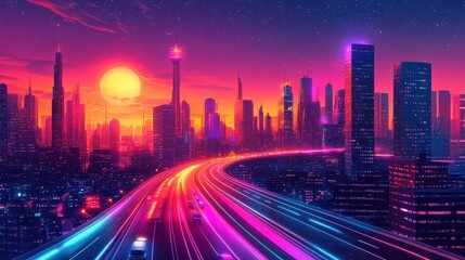 Fototapeta premium A vibrant city skyline at sunset, featuring neon lights and a highway, creating a futuristic and energetic atmosphere.