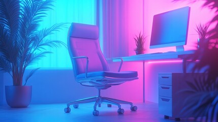 Modern Office Interior with Neon Lighting and Ergonomic Chair in a Stylish Workspace Setting