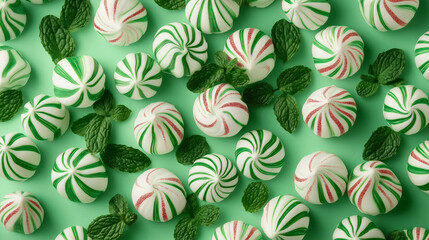 Traditional peppermint candy swirl pattern closeup, red and white striped Christmas lollipops, holiday hard candy confection
